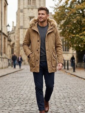 HUGO BOSS Men's Tan Field Parka with Fur Hood